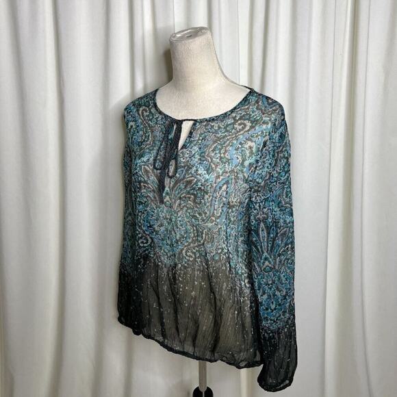 a.n.a Sheer Paisley Blouse Sheer Ombre Long Sleeve Women's Medium Blue Boho - Picture 9 of 9